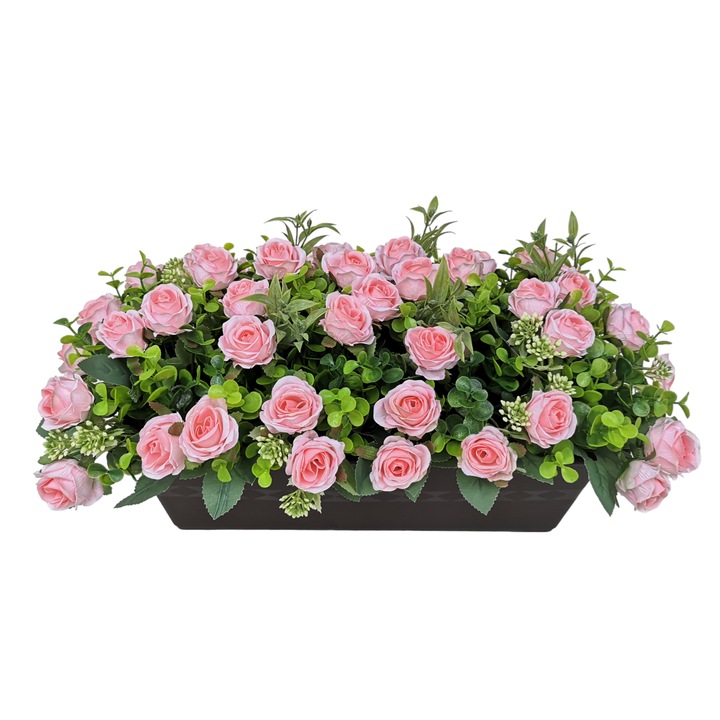 Jardiniera cu flori artificiale, DADY, trandafiri roz si verdeata decorativa artificiala, dimensiuni aranjament 48x28x22 cm