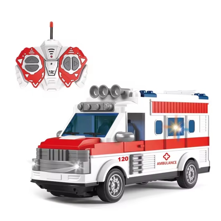 Ambulanta de jucarie cu telecomanda, efecte luminoase si sonore, Dimensiune 22, 5×7, 5×10, 5 cm