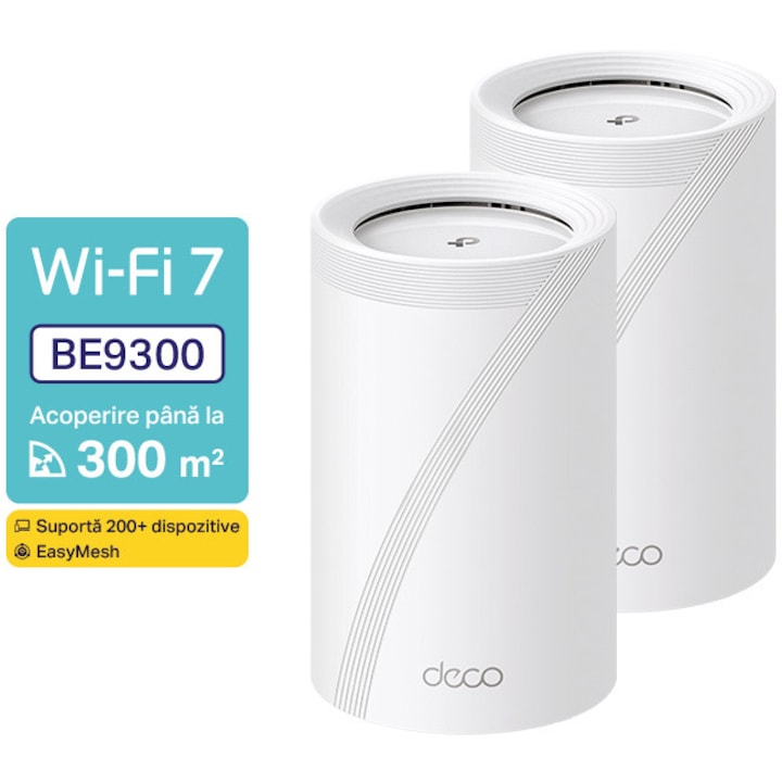Sistem Mesh Wi-Fi TP-Link Deco BE65(2-pack), BE9300, Tri-Band, Wi-Fi 7, MLO, HomeShield, 4 porturi 2.5G, cu acoperire pentru intreaga casa