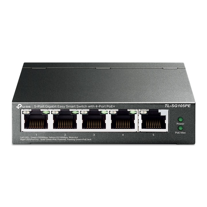 Switch TP-Link TL-SG105PE, 5 porturi Gigabit, Desktop, Easy Smart, POE, 10Gbps kapacitás, porturi POE