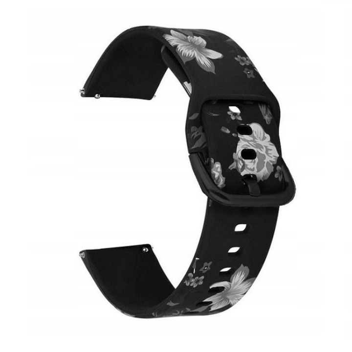 Curea silicon compatibila cu Huawei Watch GT4 41mm, Garmin Venu 2S / 3S, Vivoactive 4S, Vivomove 3S, Forerunner 255S, 265S Best Accessories, roz, 18 mm, flori cenusii