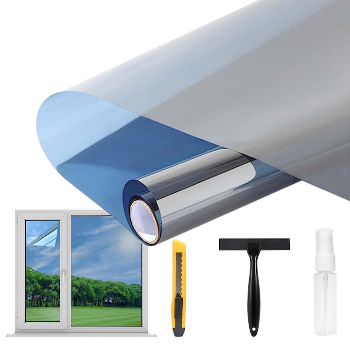 Комплект фолио за прозорци и инструменти за монтаж QttvbTna, слънцезащитно, самозалепващо се, пластмаса, UV защита, сребрист/син, 50x500см