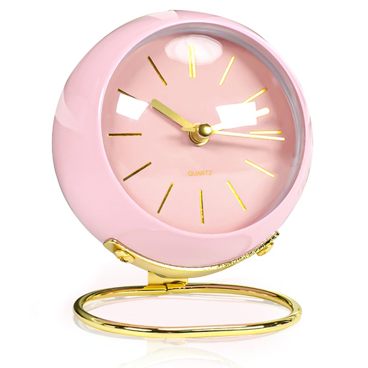 Ceas desteptator analogic Tovbmup, metal/PVC, silentios cu lumina de noapte, roz/auriu, 11x9x6.5cm