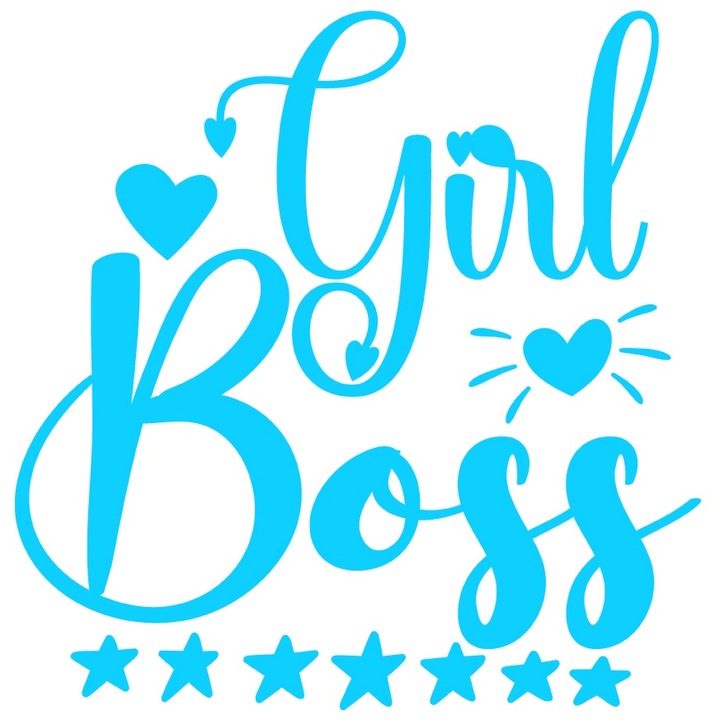 Sticker Exterior cu inimioare si stelute cu textul "Girl boss" - fata patroana afacere, Vinyl Albastru, 20 cm