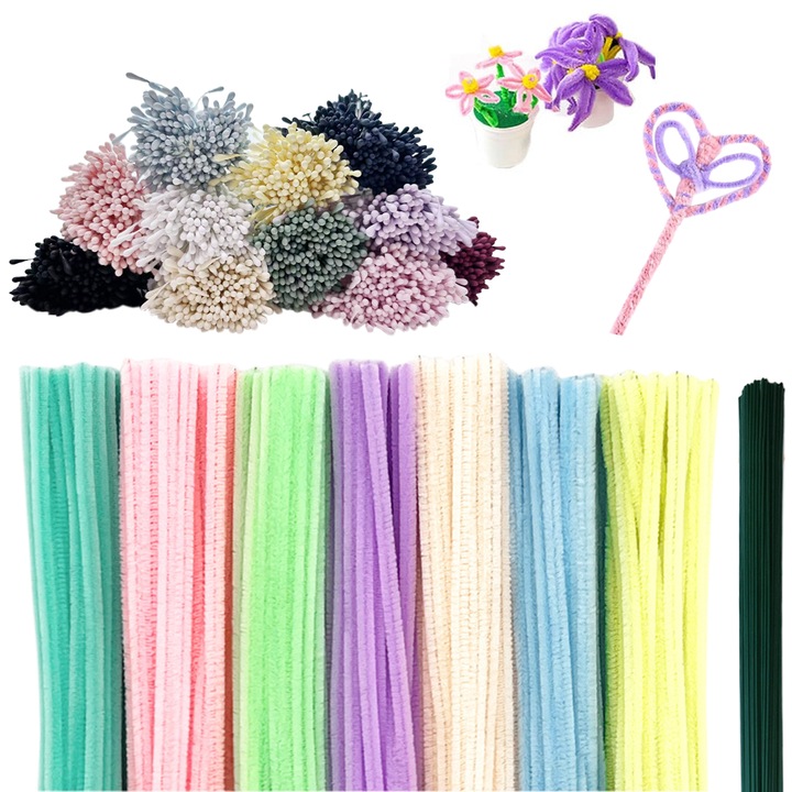Tije chenille pentru bricolaj, set 200 pipe cleaners + 30 tije pentru flori 30 cm si 300 miezuri florale, multicolor