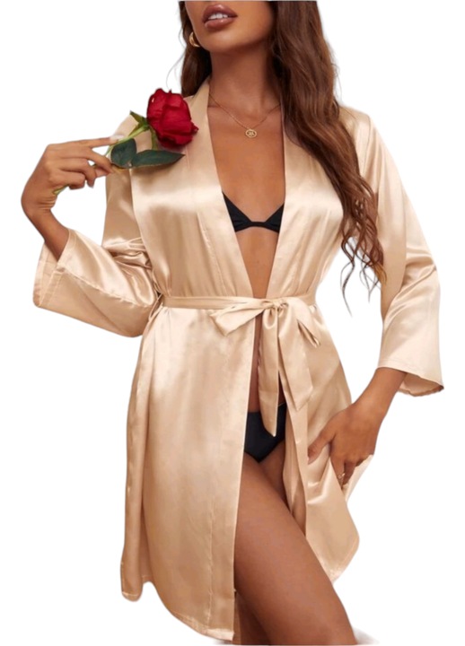 Halat dama satin, StarFashion, cu maneca trei sferturi si cordon, Bej