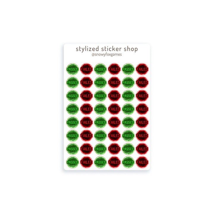 Set stickere Passed/Failed circulare, multicolor, lucios, waterproof