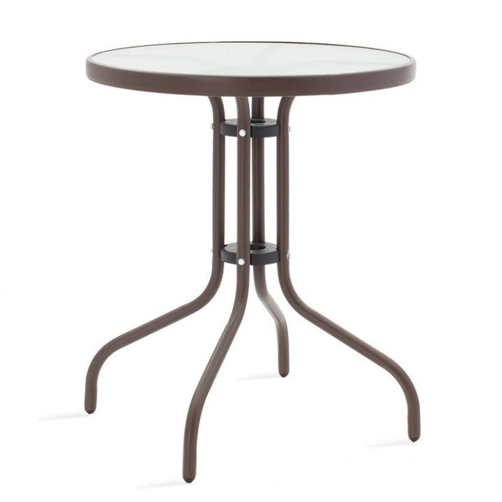 Masa gradina VivaDeco model Watson, structura metal, blat sticla securizata, Maro, Φ60x70cm