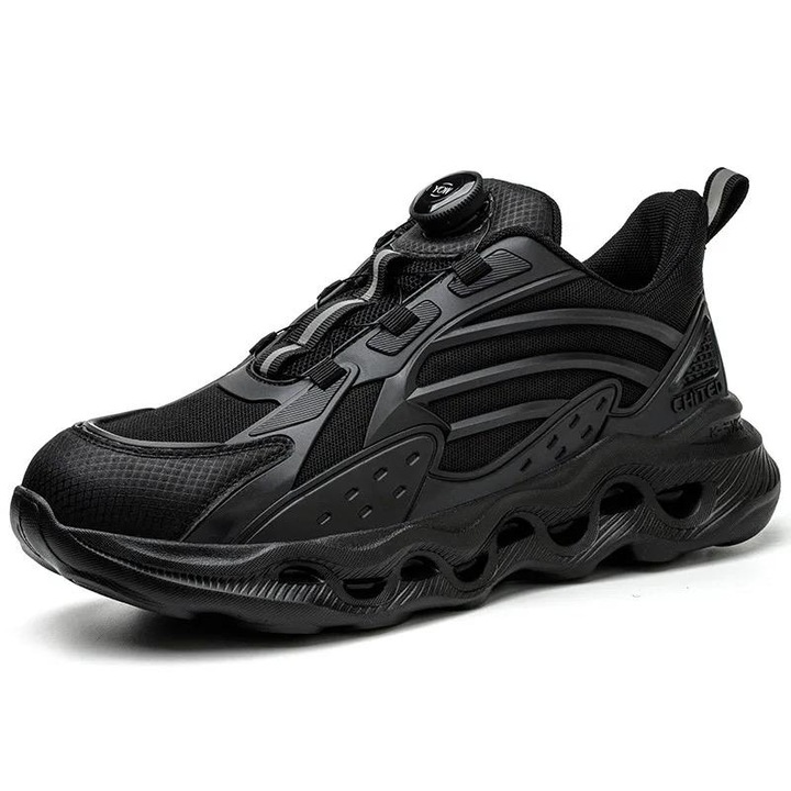 Munkavédelmi cipő, fűző nélkül, intelligens záródási rendszer, rugalmas, biztonsági fokozatú SBP, fém orr, kevlár talp, fekete, EU 45