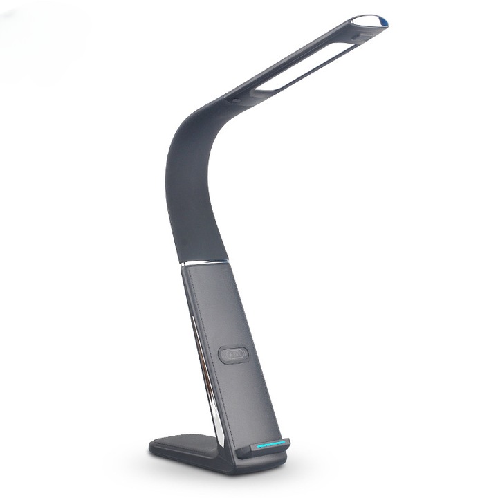 Lampa de birou cu LED SML TX 75, incarcare wireless 10W telefon IOS sau Android, port USB 5V/2.1A, protectie ochi, brat flexibil reglabil 180˚ aprindere si reglare intensitate prin gesturi, design modern, pretabil office sau acasa, 40x6.5x50 cm, neagra