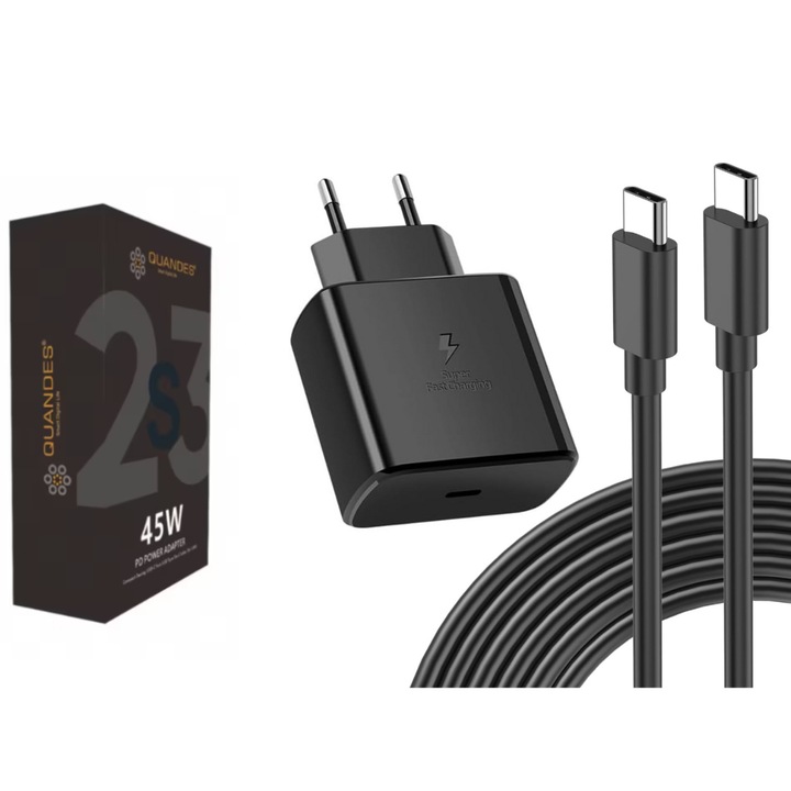 Quandes gyorstöltő, 45 W-os PD, kompatibilis a Samsung S24 ultra, S20 Ultra, S21 FE, S22 Plus, S23 Plus, Note 10 plus készülékekkel és gyorstöltő adatkábellel 1,8 m-es C típusú, C típusú 5A