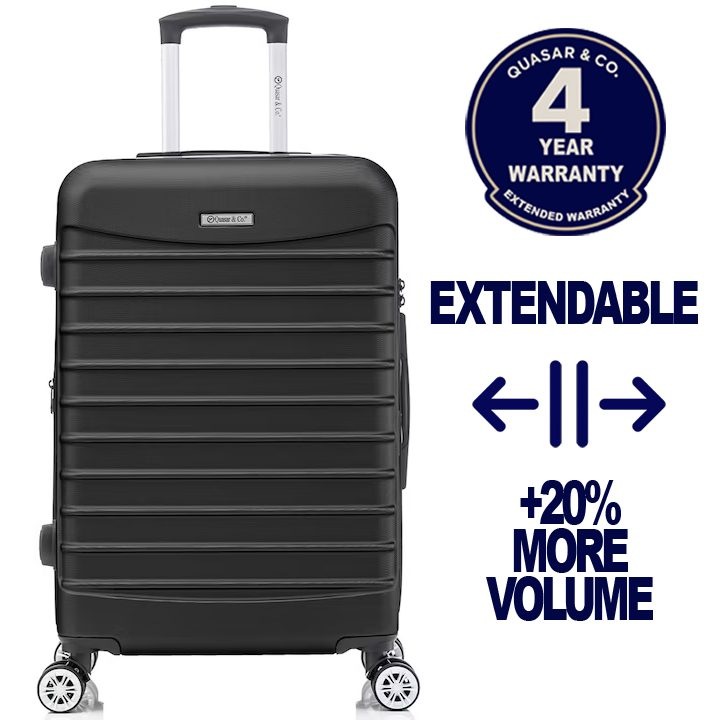 Nagy méretű bővíthető bőrönd 77x49x31-36 cm, LINE modell Quasar & Co.®, ABS 2.8 mm, lopásgátló cipzár, számzár, teleszkópos fogantyú, 4 dupla csendes kerék 360°-os forgással, 2 rekesz belső zsebbel, feladott poggyász utazáshoz, Fekete