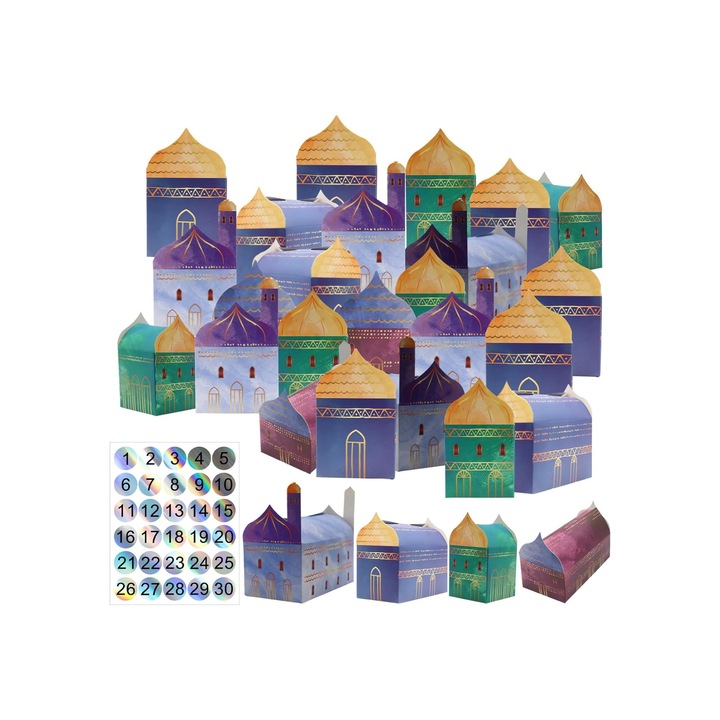 Set 30 de cutii pentru marturii/ Cadouri/ Calendar advent/ Ramadan, Stickere incluse, Multicolor, 7 x 5 x 6 cm