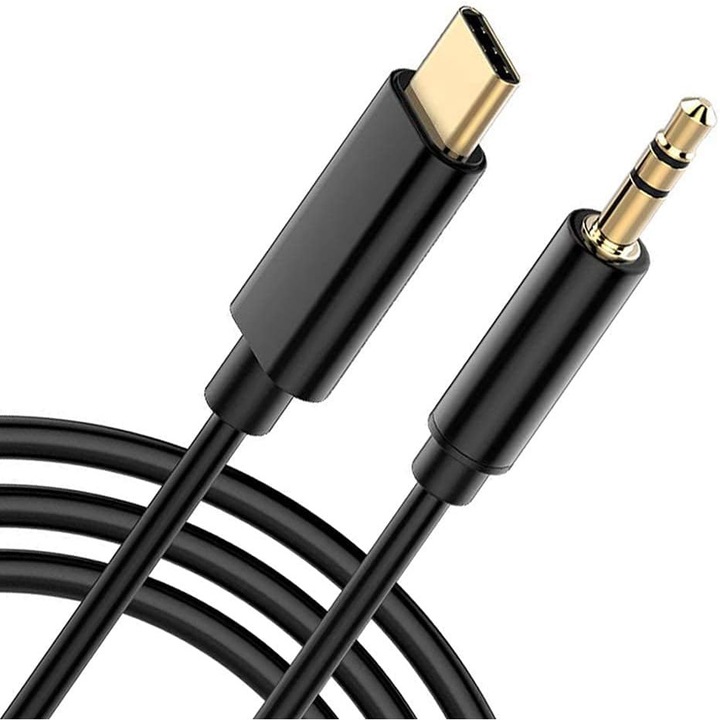 Cablu auxiliar compatibil cu iPhone 15, 15 Pro, 15 Plus, 15 Pro Max cu mufa tip C si Jack 3.5 mm pentru autoturism, 1 m, negru, PlanetPhone