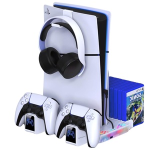 Stand racire si incarcare Ps5 OnXsmart®, 5 in 1 multifunctional, fast charge, 14 Sloturi suport jocuri, suport casti, compatibilitate PS5 SLIM, DIGITAL si DISC, conectare usb, Alb