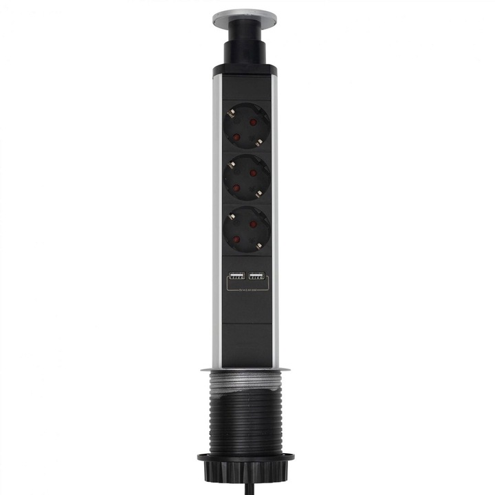 Hosszabbító kábel 3 aljzattal, asztalba beépítve, 2 x USB, hossza 1,4 m