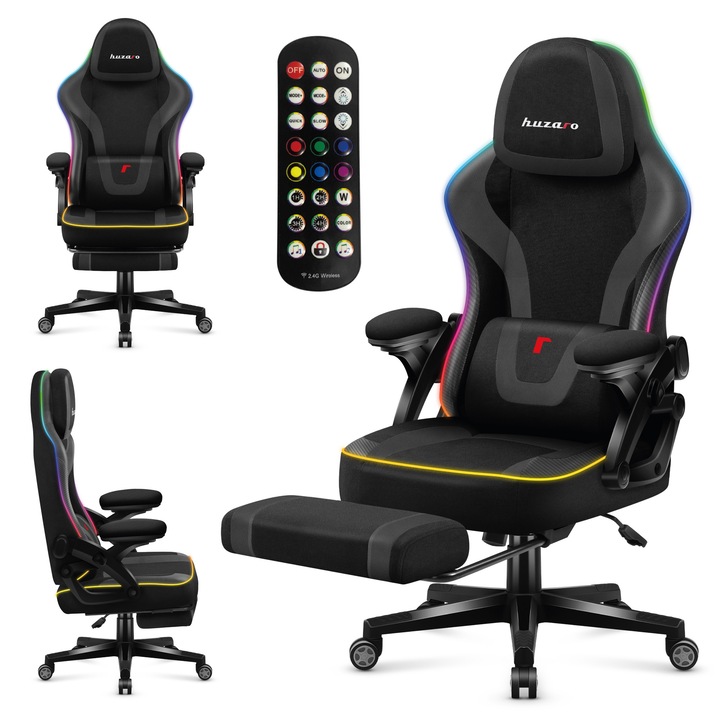 Scaun Gaming Huzaro Force 4.6 Black Rgb Smart, Tesatura, suport picioare, cu iluminare LED, Negru Multicolor