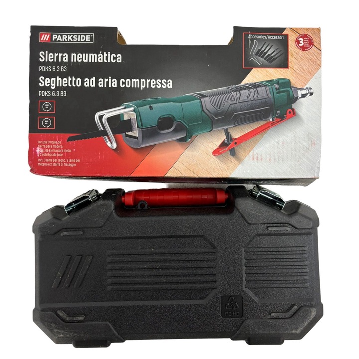 Пневматичен трион PARKSIDE PDKS 6.3 B3, Алуминиев корпус, Ергономична дръжка, 8500 RPM, Включва дървени и метални аксесоари