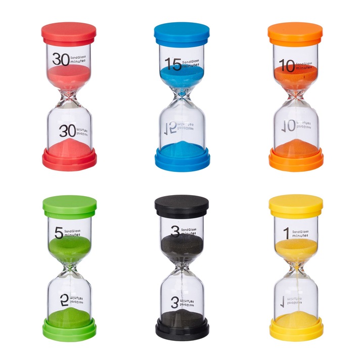 Set 6 clepsidre cu nisip colorat, 1 / 3 / 5 / 10 / 15 / 30 min, plastic si sticla, multicolor, 11 x 4.5 cm