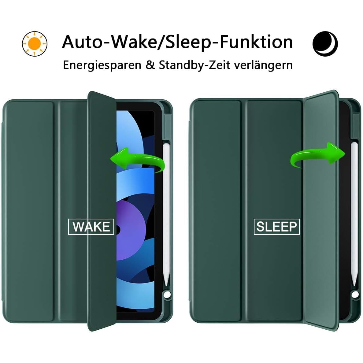 Husa pentru Apple iPad Air 11" 2026 / 2025 / 2024 M4, M3, M2 cu functie wake-up/sleep si compartiment pentru Apple Pen tip stand verde inchis