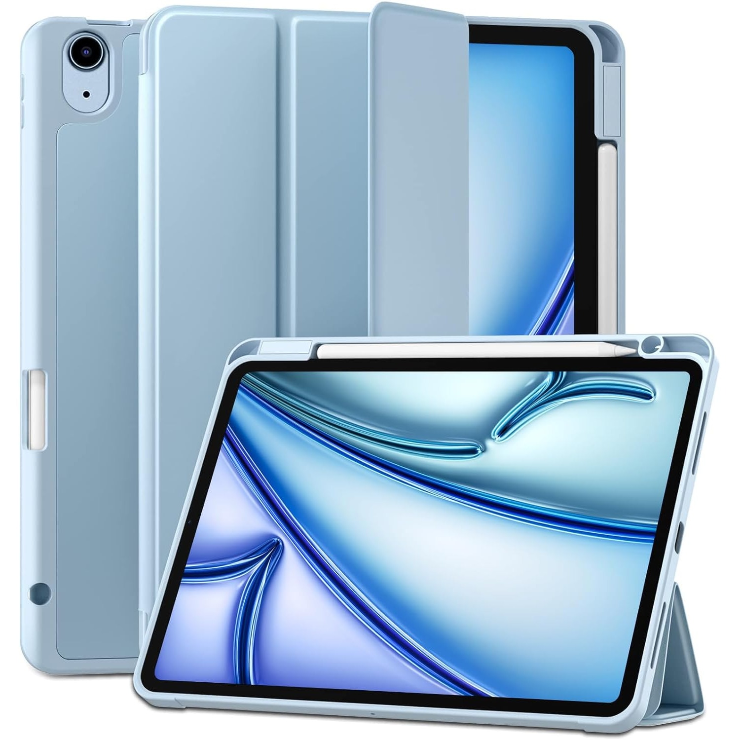 Husa pentru Apple iPad Air 11" 2024 / 2025 M2, M3 cu functie wake-up/sleep si compartiment pentru Apple Pen tip stand sky blue