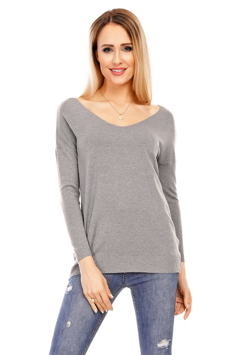 Pulover usor cu decolteu in v, Gri, 38