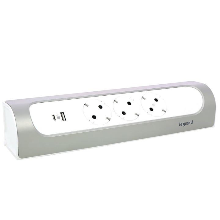 Разклонител Legrand, Ъглов, 3 гнезда, 1x USB, 1x USB-C, 3A-5V-15W, Без кабел, Бял/Алуминий