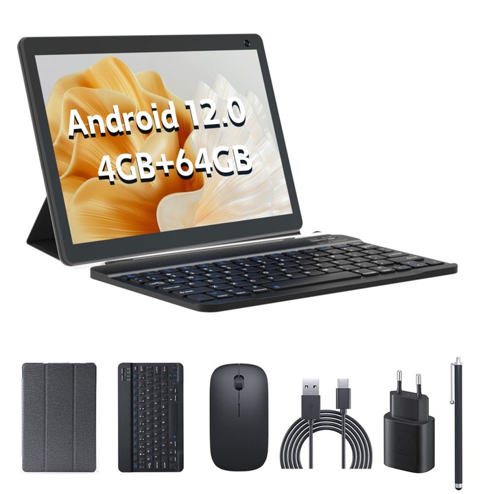 Tableta 10 inch, Android 12, 64GB ROM + 4GB RAM, Husa, Tastatura, Mouse, Stilou, WiFi, Bluetooth, Camera dubla, Baterie de 6000mAh, UNLINES