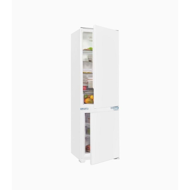 Combina frigorifica incorporabila Exquisit, capacitate totala 249 litri, H 178 cm, congelator 4 stele, compartiment pentru fructe si legume, 4 rafturi din sticla, iluminat interior LED, control electronic temperatura, picioare ajustabile, alb