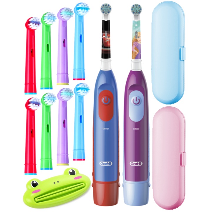 Szett, 2x elektromos fogkefe, Oral-B Kids 3+, gyerekeknek, hercegnő, autó, elemekkel, 8 extra fej (cserélhető), 2x fogkefe utazókészlet, fogkrém kinyomó