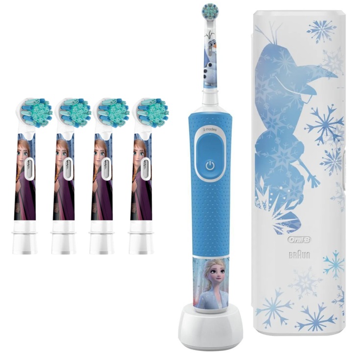 Комплект електрическа четка за зъби Oral-B Vitality 100 Kids Frozen с кутия за четка за зъби, 4 допълнителни оригинални глави за четка
