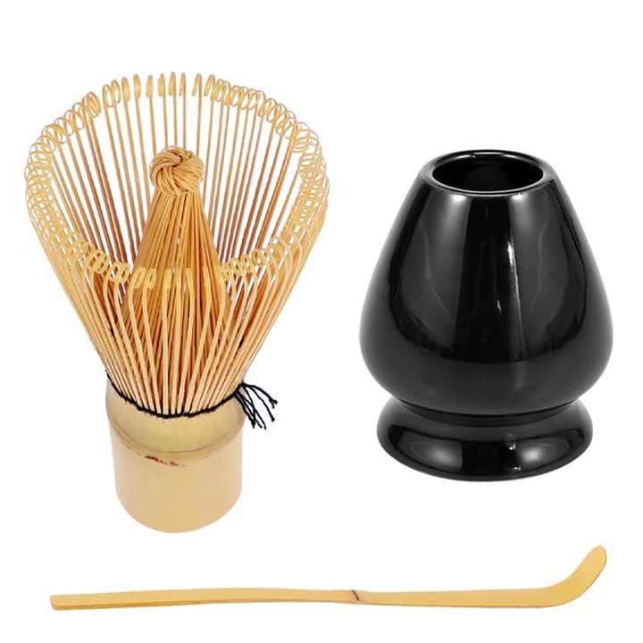 Set 3 ceai Matcha, Rqiurpn, Ceramica/Bambus, Negru, 10.5x6cm