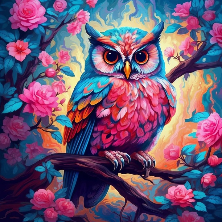 Set de broderie cu diamant, Bufnita de primavara, 45x45 cm, Multicolor