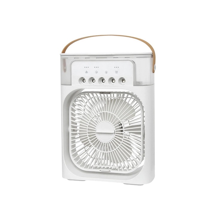 Hordozható mini ventilátor, Zola, 3 az 1-ben, léghűtő, párásító, tisztító, RGB háttér, 7 fénymód, víztartály 600 ml, 25x20x8,5 cm, fehér