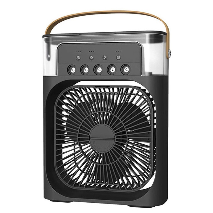 Mini ventilator portabil, Zola, 3 in 1, racitor de aer, umidificator, purificator, fundal RGB, 7 moduri de lumina, rezervor apa 600 ml, 25x20x8.5 cm, negru