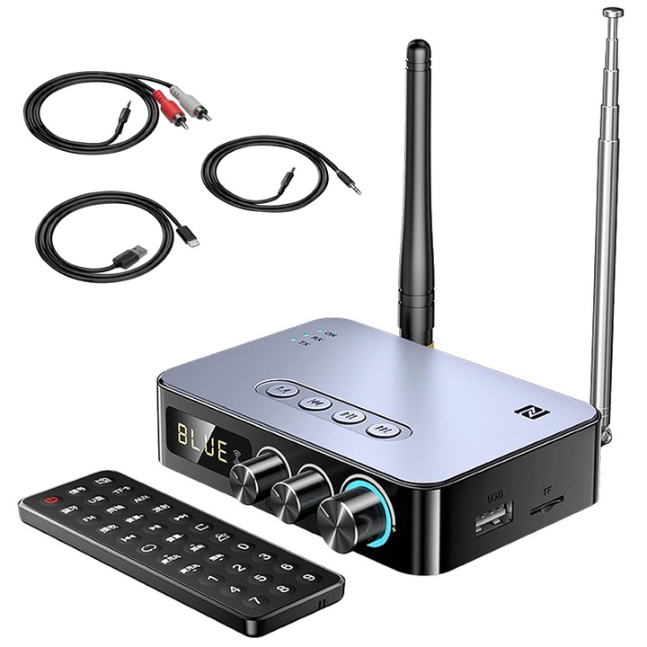 Аудио предавател и приемник JESWO 4 в 1, Bluetooth 5.1, AUX/RCA/FM, 6,5 mm микрофон, сив/черен