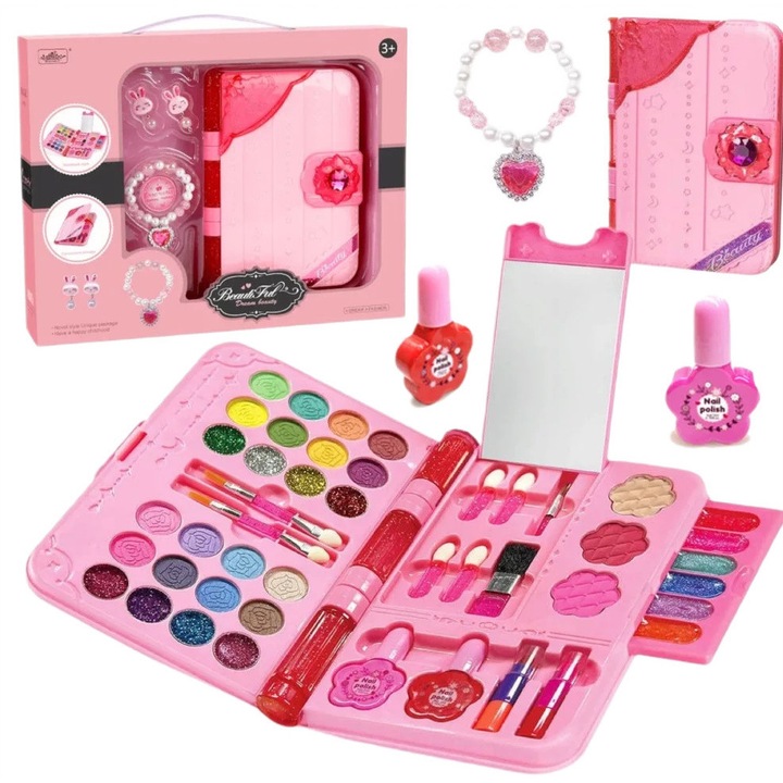 WePro Store gyerek sminkkészlet, szájfény, szemhéjfesték, tükör, egyedi dizájn, könnyen hordozható, pénztárca típusú, nem mérgező, rózsaszín, 3 éves kortól