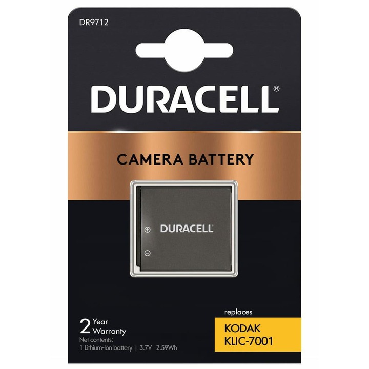Baterie aparat foto, Duracell, Compatibil cu Kodak KLIC-7001, 3.7V, 700mAh, 39x35x5mm, Negru