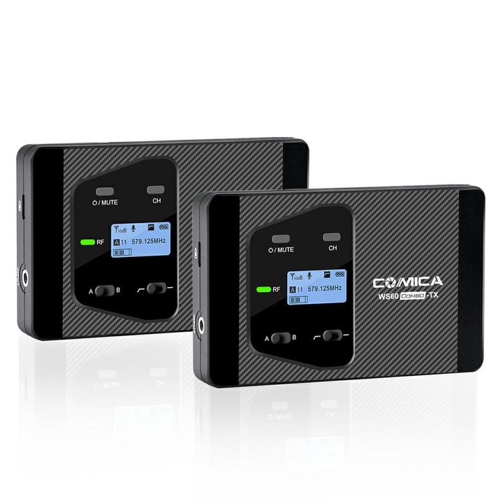 Set 2 Microfoane wireless, Comica, COMBO, 2 Canale, LCD, Pentru aparate foto si smartphone-uri, 60 m, Negru