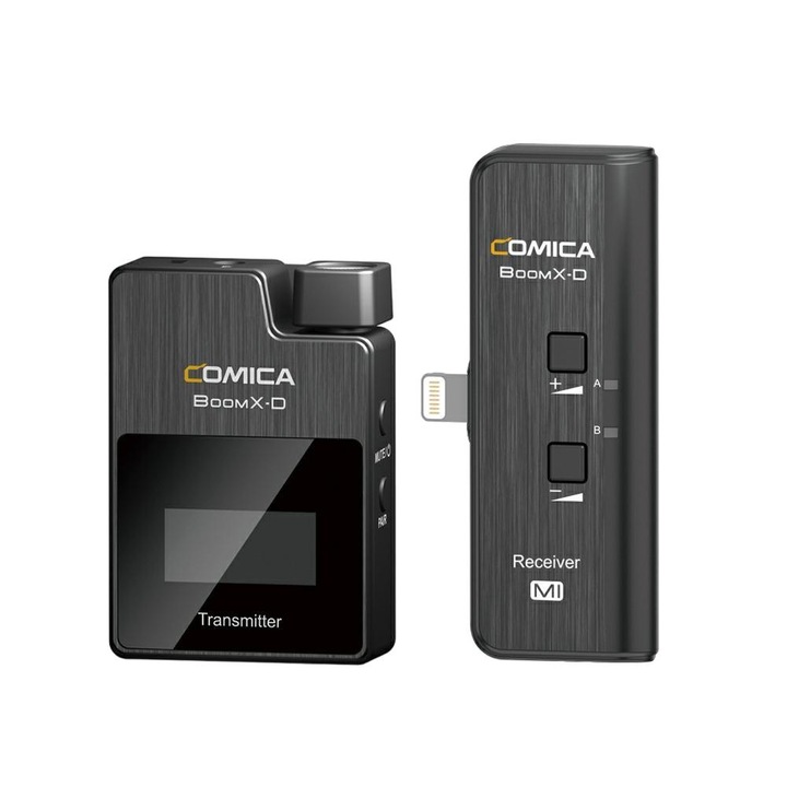 Sistem microfon wireless Comica BoomX-D MI1, ultracompact, pentru vlogging, cu port Lightning
