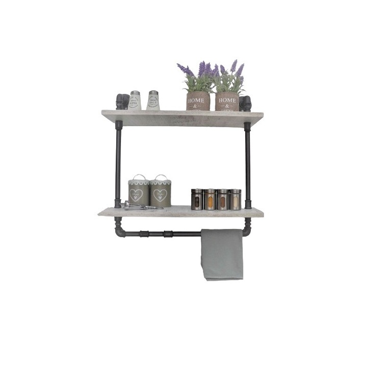 Raft de baie cu portprosop in stil industrial, Netherthorpe, 60x60x20 cm, negru/alb antichizat