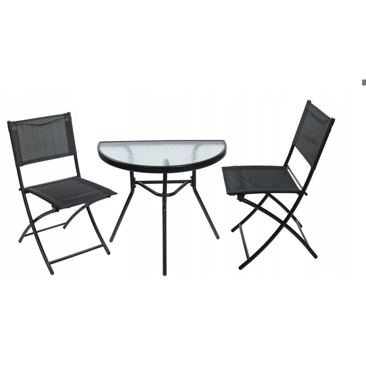 Set mobilier de gradina 3 piese Jumi – masa semicirculara cu blat din sticla si 2 scaune pliabile