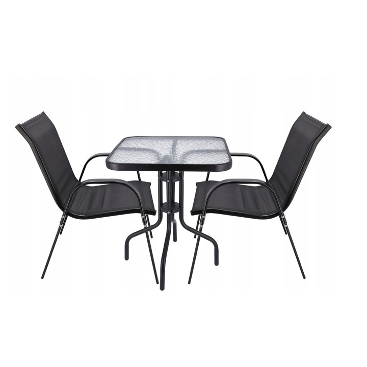 Set mobilier de terasa cu masa patrata si doua scaune, contine 4 piese