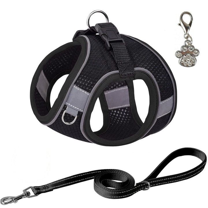 Комплект нагръдник, каишка и висулка, за кучета и котки, XXS, черен