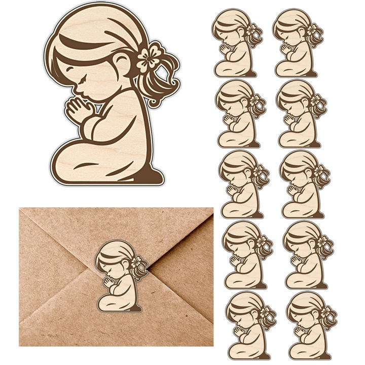 10 db-os fa figura készlet, DECORTREND, vallásos minta, 5x3,5 cm, elsőáldozáshoz