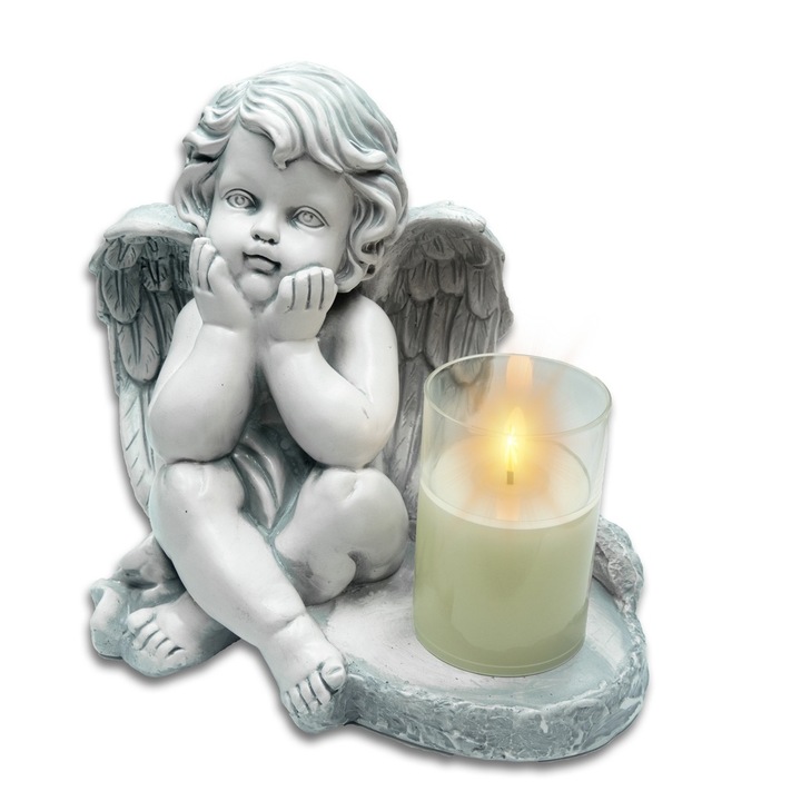 Dekoratív figura, DECORTREND, Angyal modell, Gipsz, LED gyertya, 22x22x14cm, Szürke