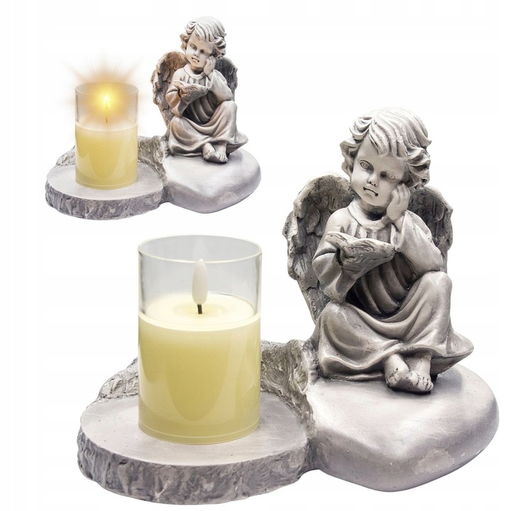 Gipsz figura angyal LED lámpával, 18,5x24x13cm, szürke, kerti vagy sírra