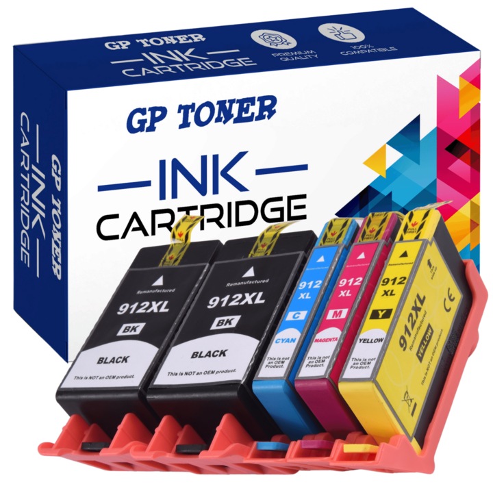 Set de 5 Cartus de cerneala, Compatibil cu HP 912 XL OFFICEJET PRO 8010 8013 8020 8023 8024, GP TONER, CMYK, 3300 pagini