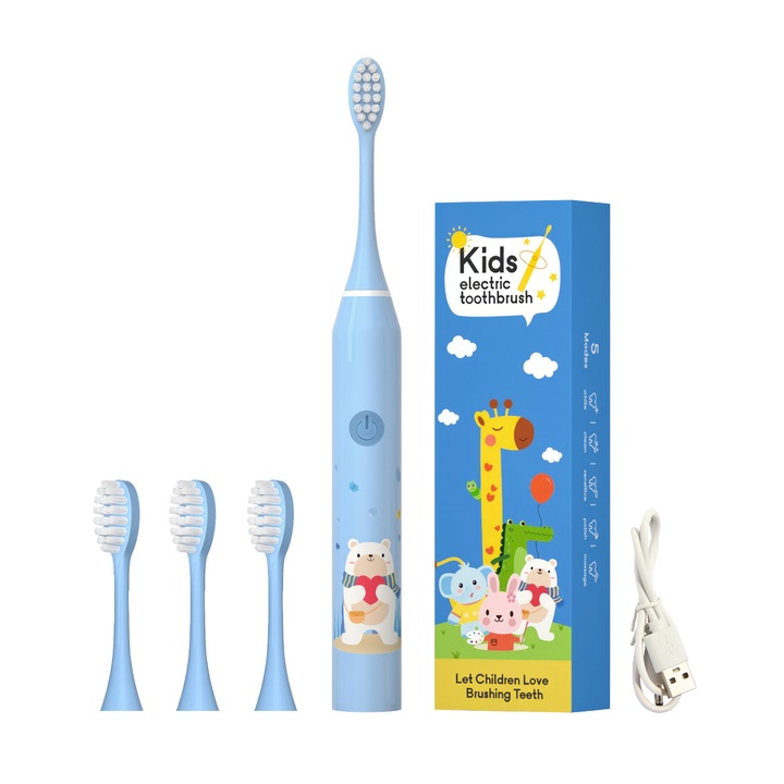 Sonic elektromos fogkefe gyerekeknek Wellmi Kids, 5 program, 4 kefefej, 30000 pulzálás/perc, időzítő, USB, +3 év, Medve, Kék