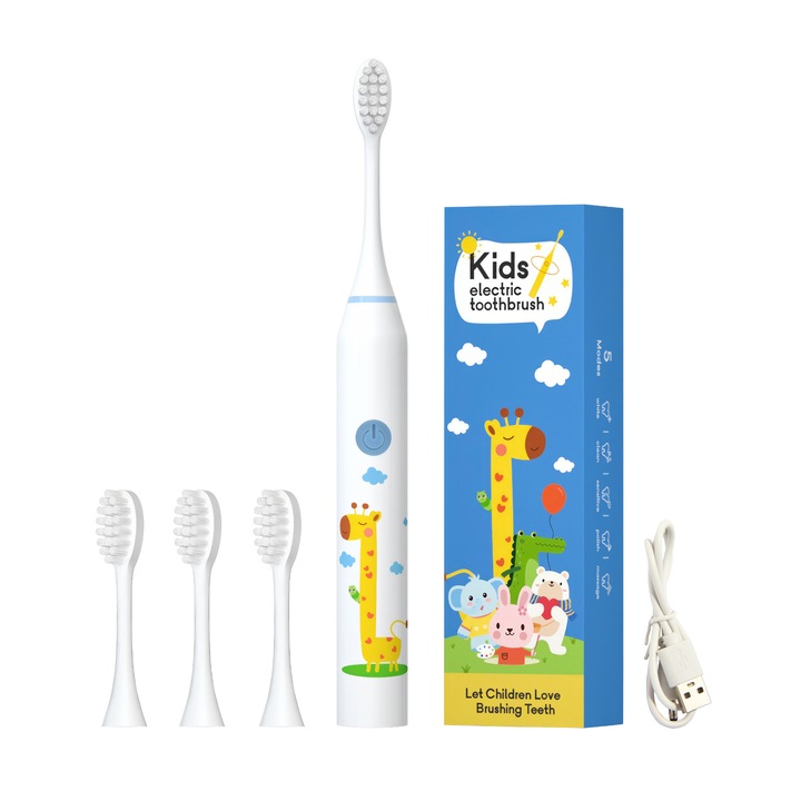 Sonic elektromos fogkefe gyerekeknek Wellmi Kids, 5 program, 4 kefefej, 30000 impulzus/perc, időzítő, USB, +3 év, Zsiráf, Fehér